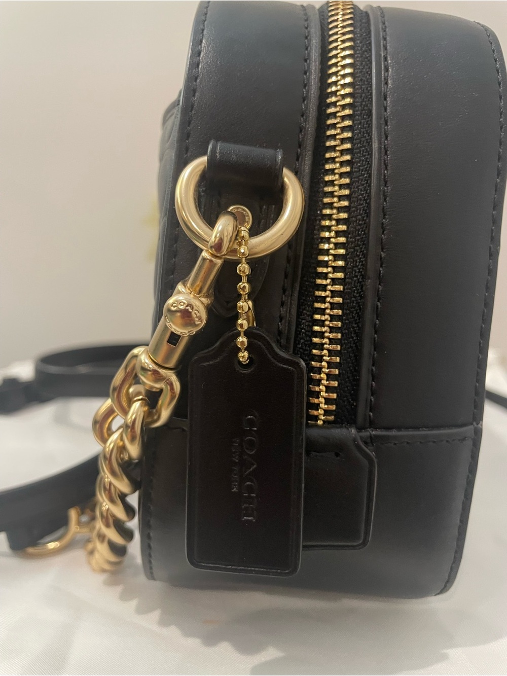 Coach Black Embossed Leather Camera Crossbody with Gold Chain - Picture 7 of 16